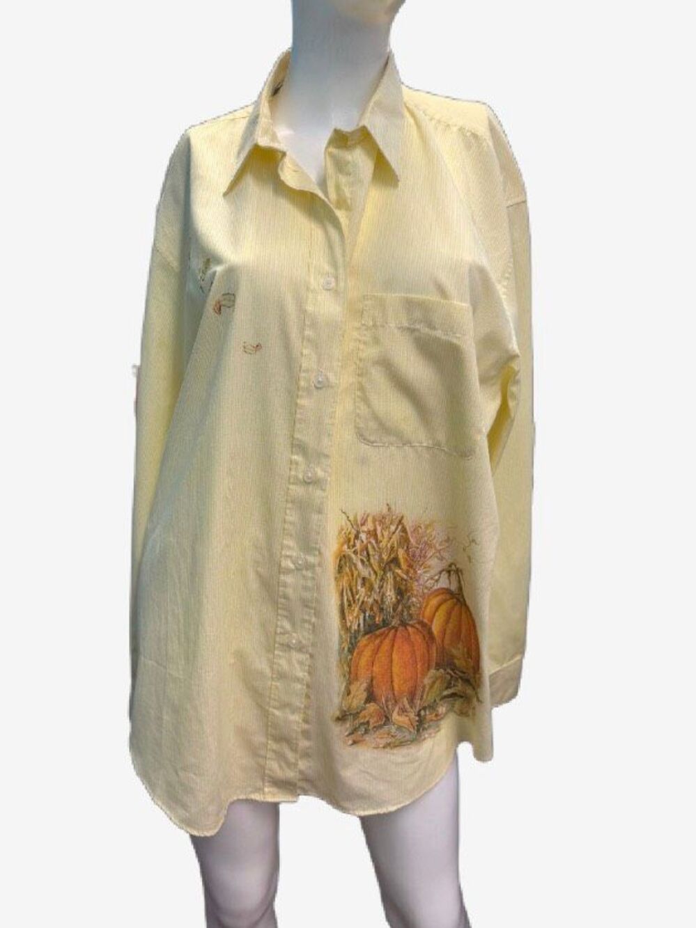Las Olas Yellow Pumpkin Fall Print Button Up Collared Shirt  Women’s Size XL